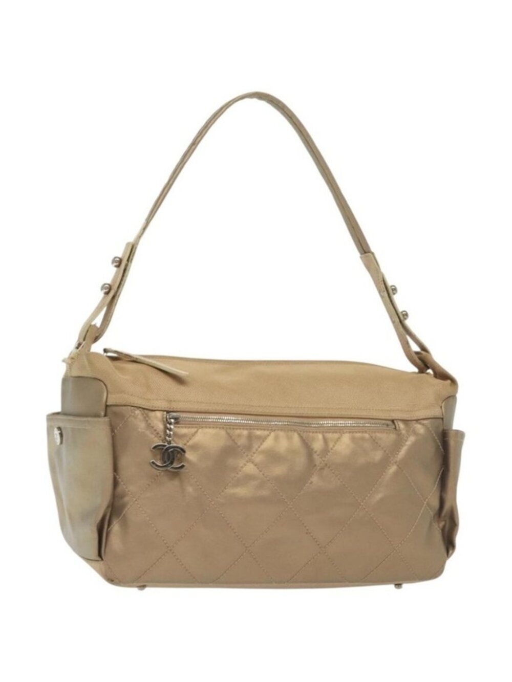 Authentic CHANEL Paris Biarritz Shoulder Bag Coated Canvas Beige Silver CC